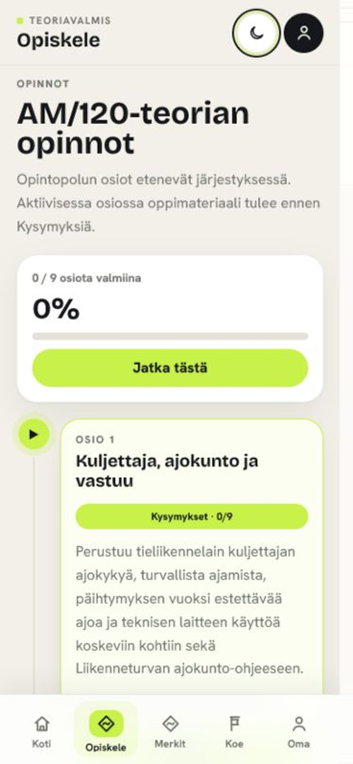 Puhelinnäkymä mopokortin opinnoista. Ylhäällä on edistymispalkki ja Jatka tästä -painike. Alla on ensimmäinen osio Kuljettaja, ajokunto ja vastuu ja kuvaus siitä, mihin lähteisiin se perustuu.