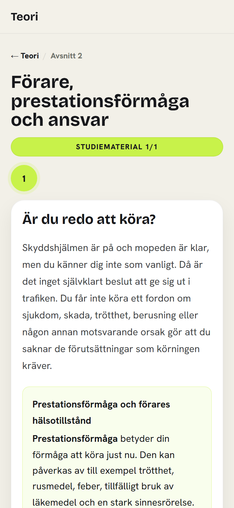Telefonvy av studiematerialet ”Mopon erityiset riskit” (Mopedens särskilda risker) för mopedkörkort. I checklistan finns en punkt som uppmanar att ställa in åtminstone den vänstra backspegeln så att man ser bakåt.