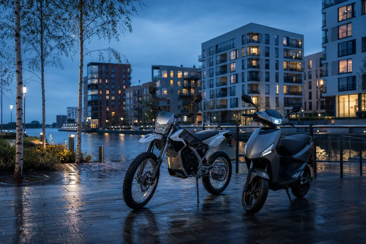 Enduromopo ja skootteri urbaanissa suomalaisessa rantamaisemassa