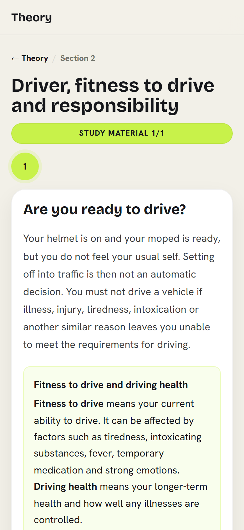 Phone view of the moped licence study material “Mopon erityiset riskit” (Special risks of mopeds). The checklist has an item telling you to adjust at least the left-hand mirror so that you can see behind you.