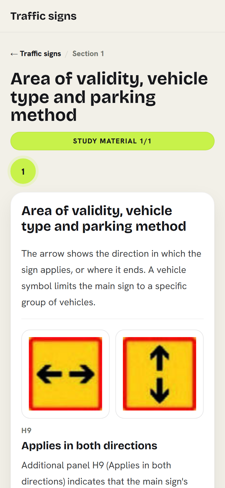 Phone view of traffic sign study. A yellow additional panel with a red border shows two arrows pointing in opposite directions. Below the picture are the code H9, the name “Vaikutusalue molempiin suuntiin” (Applies in both directions), the meaning and the “Toimi näin” (What to do) guidance.